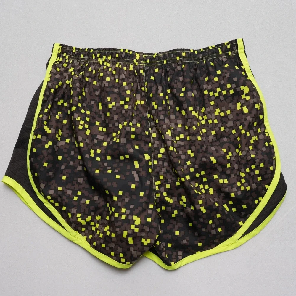 Nike Dri-Fit Running Shorts Women‎ M Brown Yellow Digital Pixel Print Drawstring
